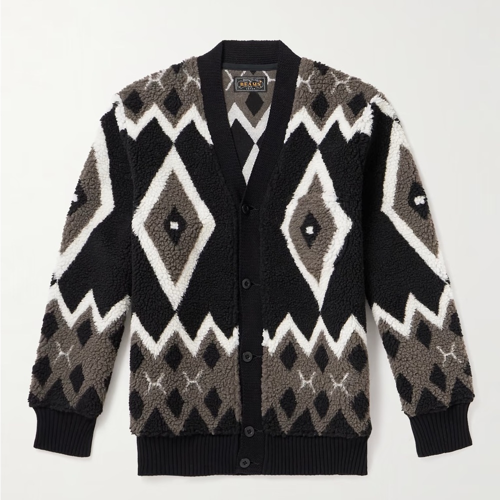 NWT Mr. Porter Beams Plus Boa Ribbed Knit-Trimmed Jacquard Men’s Medium Black